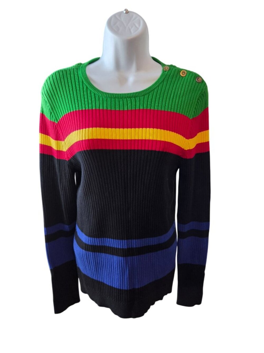 Lauren Ralph Lauren Sweater L Ribbed Multicolor Stripe Sweater Preppy Americana